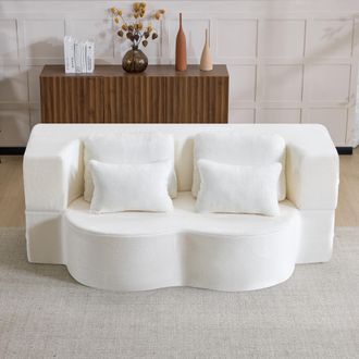 STILVORA Divano Convertibile Futon 2 Posti In Tessuto Peluche, Schiuma E Molle, Pieghevole 2 In 1 Con 4 Cuscini Ondulati, Bianco