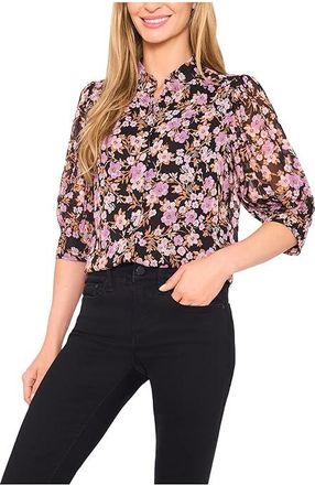 CeCe by Cynthia Steffe Ruched Sleeve Hidden Placket Blouse Womens Clothing Rich Black : MD, Polyester