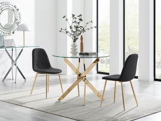 Furniturebox Novara 100cm Round Gold Leg Dining Table & 2 Corona Gold Chairs in Black