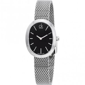 Calvin Klein Elegant Quartz Horloge met Zwarte Wijzerplaat en Zilveren Stalen Band - Dames - Horloges - Grijs - ONE Size - Accessoires