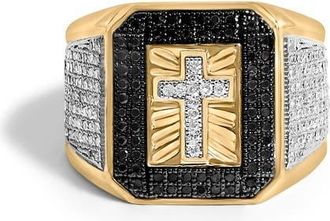House of Brilliance Mens 10K Yellow Gold 1 1/2 ctw White and Black Diamond Cross Signet Ring at Nordstrom