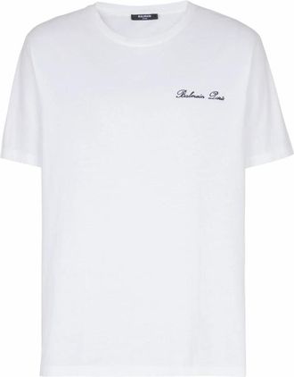 Balmain Geborduurd handtekening T-shirt - Heren - T-shirts - Wit - XL - Katoen - Tops
