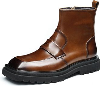 Generic Mens Square Toe Leather Ankle Boots Chunky Heel Platform Short Boots Low Heel Casual Booties with Side Zipper,Brown,4.5 UK