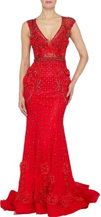 Terani Couture 3D Floral Applique Beaded Evening Dress In Red