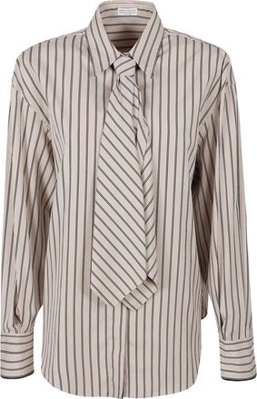 Brunello Cucinelli Gestreepte Blouse met Gebogen Zoom - Dames - Overhemden - Beige - M - Katoen - Overhemden