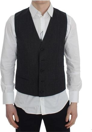 Dolce & Gabbana Elegante Grijze Gestreepte Wollen Vest - Heren - Gillet - Grijs - L - Wol - Kostuums