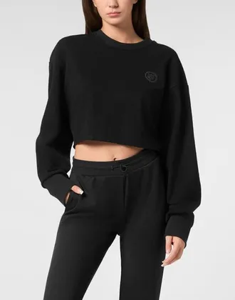 Plein Sport Sponge Cropped Sweatshirt Round Neck Ls Women in Black at Nordstrom, Size Xx-Large