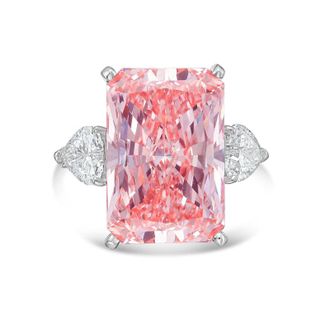 Diana M. Jewels Platinum Lab grown 5ct Fancy pink radiant diamond ring with heart diamonds on the side and micropave band