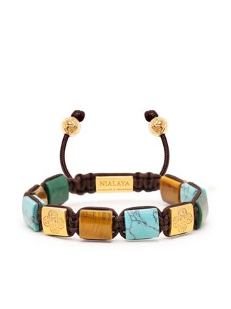 Nialaya multi-stone flatbead bracelet - women - Nylon/Turquoise/Jade/Yellow Gold Plated Stainless Steel - S - Brown