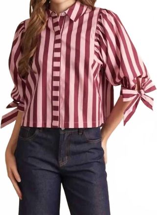 Entro Tie Sleeve Striped Button Up Blouse In Pink
