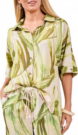 Tribal Flowy Linen Dolman Elbow Sleeve Blouse In Mint Leaf