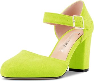 Castamere Women Chunky Block High Heel Close Round Toe Two-Piece Pumps Court Shoe Buckle Wedding Party Dress Shoes 8.5 CM Heels Yellow A 6 UK