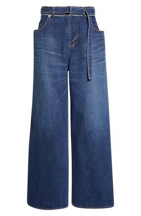 sacai Wide Leg Self-Belt Jeans in Blue at Nordstrom, Size 3
