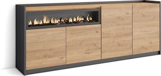 Skraut Home Skraut Home - Aparadores Para Sal&oacute;n, 207x37x80cm, 4 Puertas, Chimenea El&eacute;ctrica, Roble Y Negro