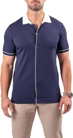 Maceoo Tipped Knit Short Sleeve Button-Up Shirt in Blue at Nordstrom, Size 3