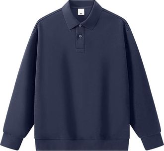 Generic Mens Polo Collar Sweatshirt Long Sleeve Soft Pullover with Button Placket Comfortable Casual Wear for Daily Office and Leisure Activities(Navy, XXL)