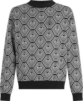 Philipp Plein Pullover Ronde Hals Ls Monogram - Heren - Ronde hals truien - Zwart - M - Truien & Vesten