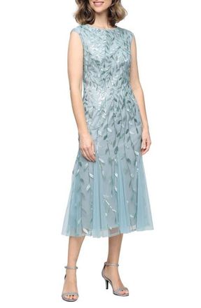 Alex Evenings Sequin Leaf Embroidery Cocktail Midi Dress in Ice Sage at Nordstrom, Size 16