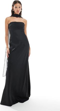 Six Stories Vestito lungo da damigella in chiffon e raso nero con sciarpa al collo