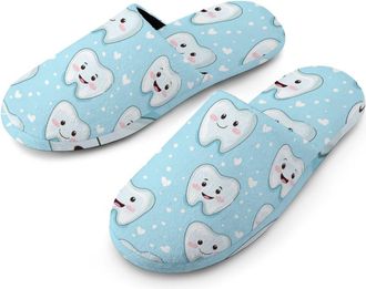 Generic Cute Tooth Pattern Flannel Mens Slip-on Slippers Winter Warm House Shoes with Rubber Sole for Home Hotel