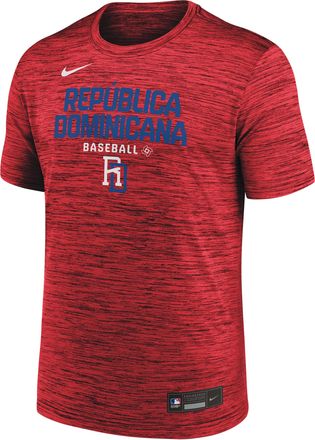 Nike Dominican Republic National Baseball Team 2026 World Baseball Classic Velocity Nike Mens Dri-FIT T-Shirt in Red | 02ER62QWBD-ABV
