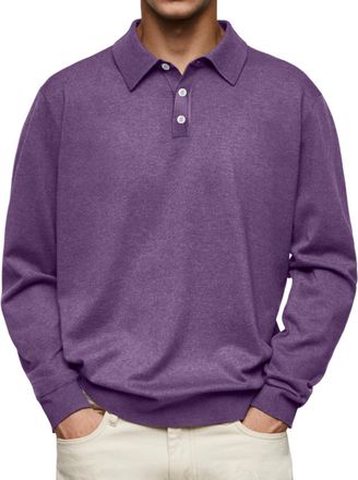 Generic Describeu Mens Casual Comfort Solid Color Lapel Long Sleeve Polo Shirt, Mens Fashion Loose Button Solid Color Polo Shirt (Purple,M)