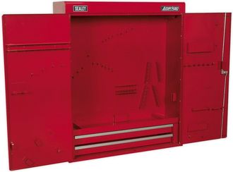 Loops 750 x 225 x 890 Wall Mounted 2 Drawer Tool Cabinet - RED - Lockable Storage Unit