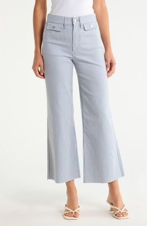 Paige Anessa High Waist Button Pocket Raw Hem Ankle Flare Jeans in Blue Breeze Stripe at Nordstrom, Size 28