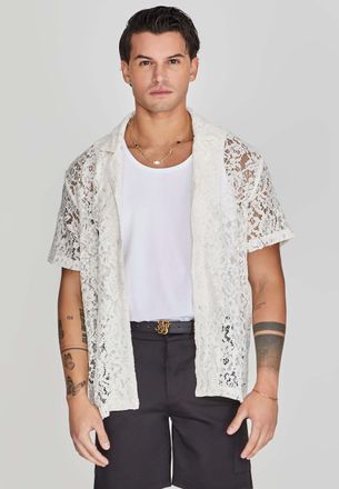 Siksilk Kurzarmhemd SIKSILK Siksilk Kurzarmhemd Lace Resort Shirt, Herren, Gr. M, N-Gr, beige, Obermaterial: 69% Polyamid PA. 28% Viskose CV. 3% Lyocell CLY.,