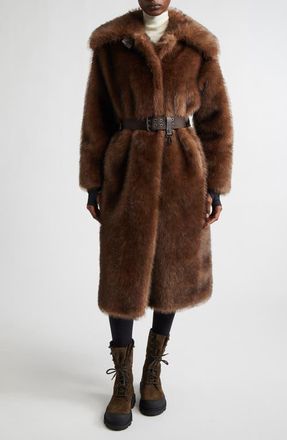 Moncler Arly Belted Down Faux Fur Long Coat in Brown at Nordstrom, Size 2