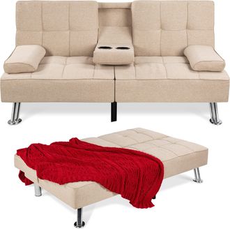 Best Choice Products Modern Linen Convertible Futon Sofa Bed w/ Removable Armrests, Metal Legs, Cupholders