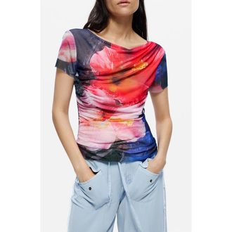 Desigual Floral Print Graphic T-Shirt in Multi Orange/blue at Nordstrom, Size X-Small