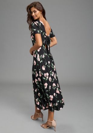 Laura Scott Midikleid LAURA SCOTT, Damen, Gr. 34, N-Gr, schwarz, gebl&uuml;mt, Jersey, Obermaterial: 95% Viskose, 5% Elasthan, gebl&uuml;mt, figurumspielend Midi, V-Ausschn