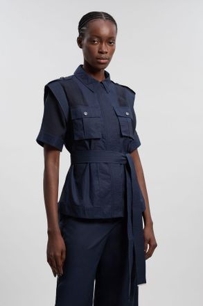 Karen Millen Womens Utility Organdie Pocket Detail Woven Top - Navy Cotton - Size 12 UK