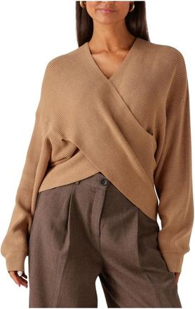 Moss Copenhagen Bruine Gebreide Wrap Trui voor Herfst - Dames - V-hals truien - Bruin - M - Truien & Vesten
