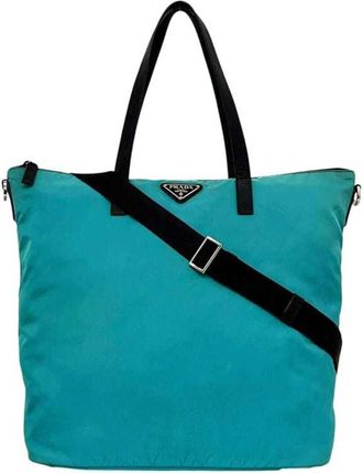 Prada Light Blue Nylon Leather Shoulder Bag Tote Bag (Pre-Owned)