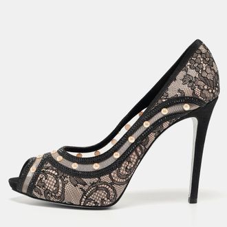 Rene Caovilla Ren&eacute; Caovilla Black Lace Pearls Embellished Platform Peep Toe Pumps