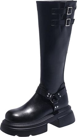 Generic Wide Fit Boots for Women UK Knee High Buckle Wide Calf Long Boots Low Heel Fashion Chunky Casual Flat Shoes for Work, Night out, Travel Riding Boot