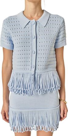 English Factory Fringe Trim Knit Button-Up Top in Powder Blue at Nordstrom, Size X-Small
