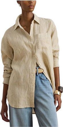 Lauren Ralph Lauren Relaxed Fit Striped Linen Shirt Womens Clothing Tan/White : LG