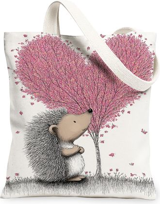 Generic Fanciful Hedgehog Canvas Tote Bags, Floral Heart Pattern Reusable Grocery Bags, Lightweight Washable Shoulder Strap Canvas, Peach, 13x15 Inch