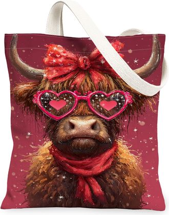 Generic Cute Animal Canvas Tote Bags, Fun Cow Design Reusable Grocery Bags, Vintage Style Lightweight Washable Shoulder Strap, Red, 13x15 Inch