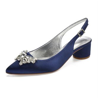 Generic Womens Pumps Pointed Toe Bridal Chunky Heel Slingback Heels Wedding Prom Party Dress Low Heels 4.5Cm,Dark Blue,3 UK