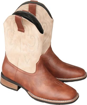 Generic Mens Square Toe Western Cowboy Boot Pull on Wide-Calf Boots Flat Heel Mid-Calf Boots with Embroidery Stitched,Apricot,6.5 UK