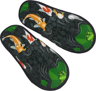 Generic Fleece Slippers Colorful Koi Fish Pattern Lightweight Camping Slippers Furry House Shoes For Indoor Room Winter L