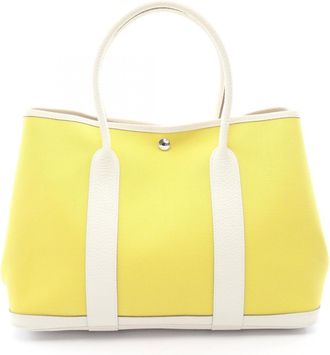 Herm&egrave;s White Yellow Canvas Handbag Tote Bag (Pre-Owned)
