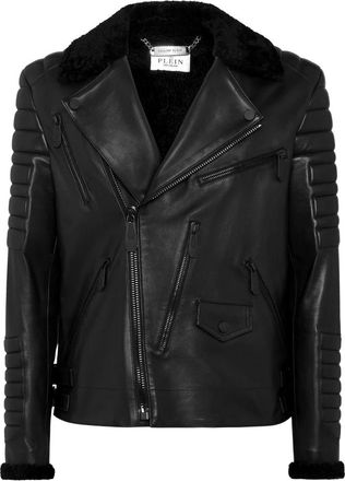 Philipp Plein Jassen, Heren, Zwart, 2Xl, Leer, Shearling Leren Biker Gothic