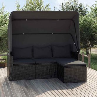 vidaXL Vidaxl - Sof&aacute; Jardin 3 Plazas Con Toldo Y Taburete Rat&aacute;n Sint&eacute;tico Negro