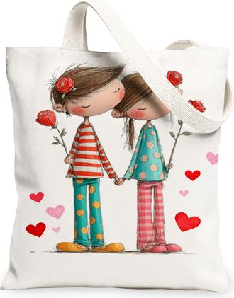 Generic Cute Love Canvas Tote Bags, Playful Heart Design Reusable Grocery Bags, Lightweight Washable Shoulder Strap Canvas for Shop, White, 13x15 Inch