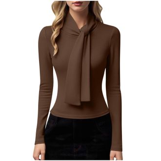 Generic Long Sleeve Tops Women Tie Neck Elegant Shirt Ladies Slim Fit Crew Neck Blouse Tops Clothes Casual Office Wear for Daily Work Travel Holiday Street